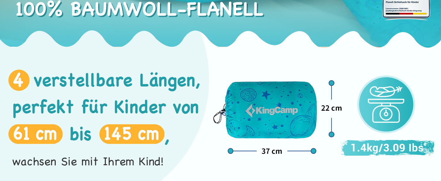 Сплячий мішок KingCamp для дітей, фланелевий, легкий, водонепроникний, компактний, зимовий, 4 сезони, для кемпінгу, підходить для дітей до 140 см, комфортна температура: 7°C, регульована довжина