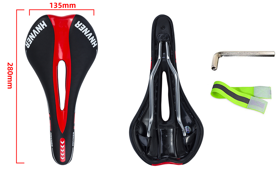 Комфортне сідло для велосипеда: ергономічне, з вирізом, 280x140x55 мм, чорно-червоне, для міських велосипедів, шосе, MTB