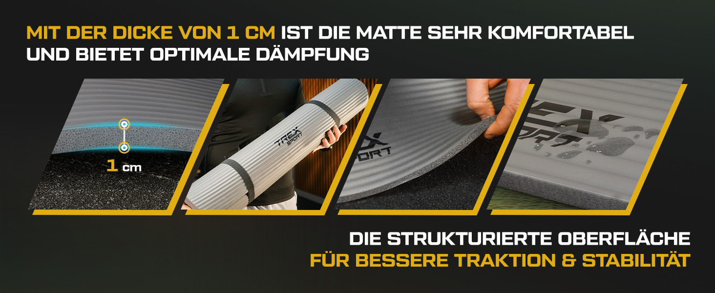 TREX SPORT Килимок для гімнастики та фітнесу | Товстий та м'який, 190x80x1 см, з ручкою для перенесення, неслизький, сірий | Килимок для йоги