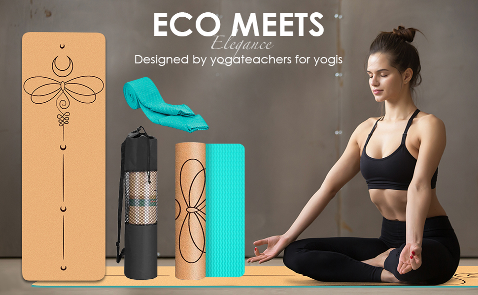 Килимок для йоги з корку Rutschfeste, натуральний каучук TPE, з сумкою, для дому, пілатесу, фітнесу, тренувань, турецький дизайн Мандала (Турецький - Ластівка)