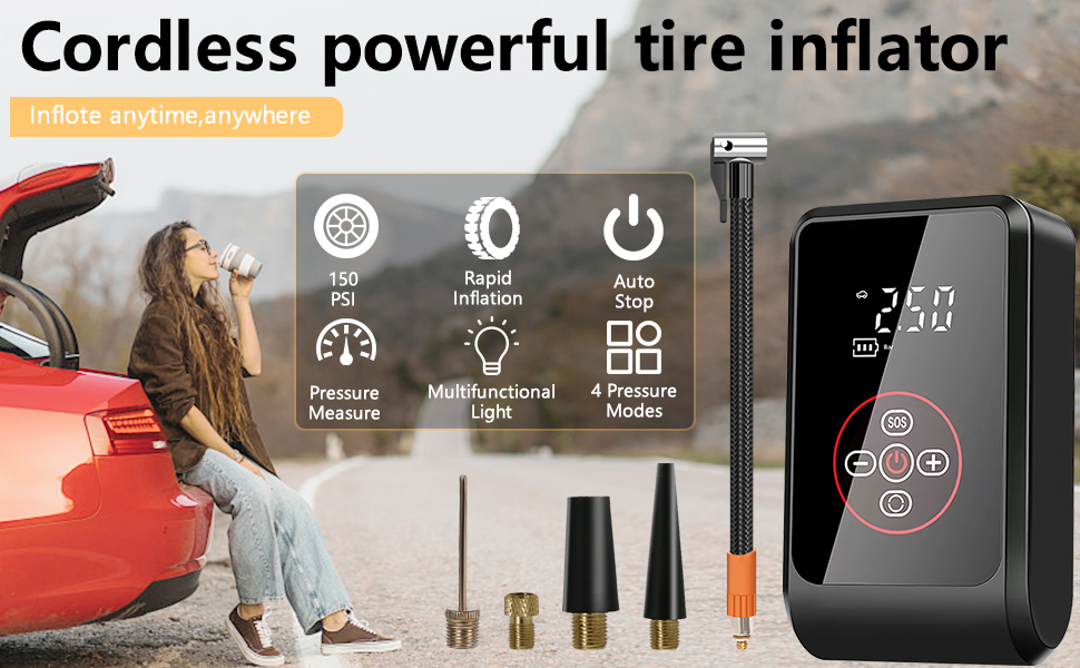 Електричний насос LOVPIS для велосипеда, авто, мотоцикла та м'ячів (150PSI, 4000mAh)