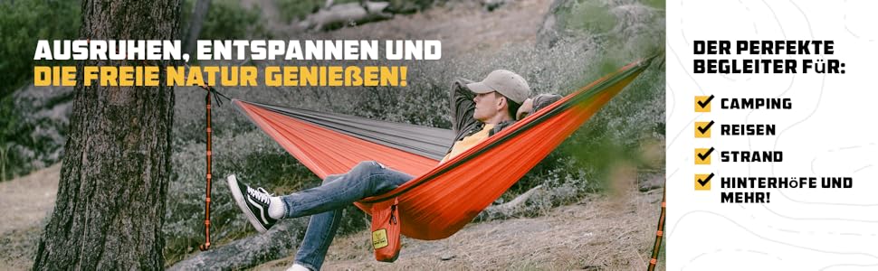Гамак для кемпінгу Wise Owl Outfitters – односпальний або двоспальний, для дому та вулиці, з сумкою для зберігання, аксесуарами для рюкзака та подорожей, оранжевий / сірий