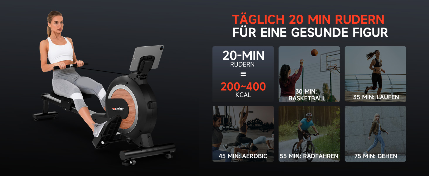 Гребний тренажер Wenoker з магнітним опором, для дому, 32 рівні навантаження, LCD-монітор, 160 кг, з мобільною APP