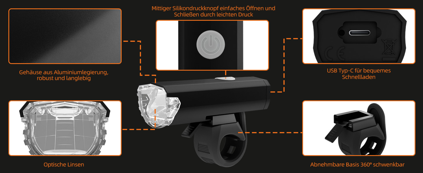 Набір переднього та заднього велоліхтаря LED USB, StVZO, IPX6, чорний+червоний