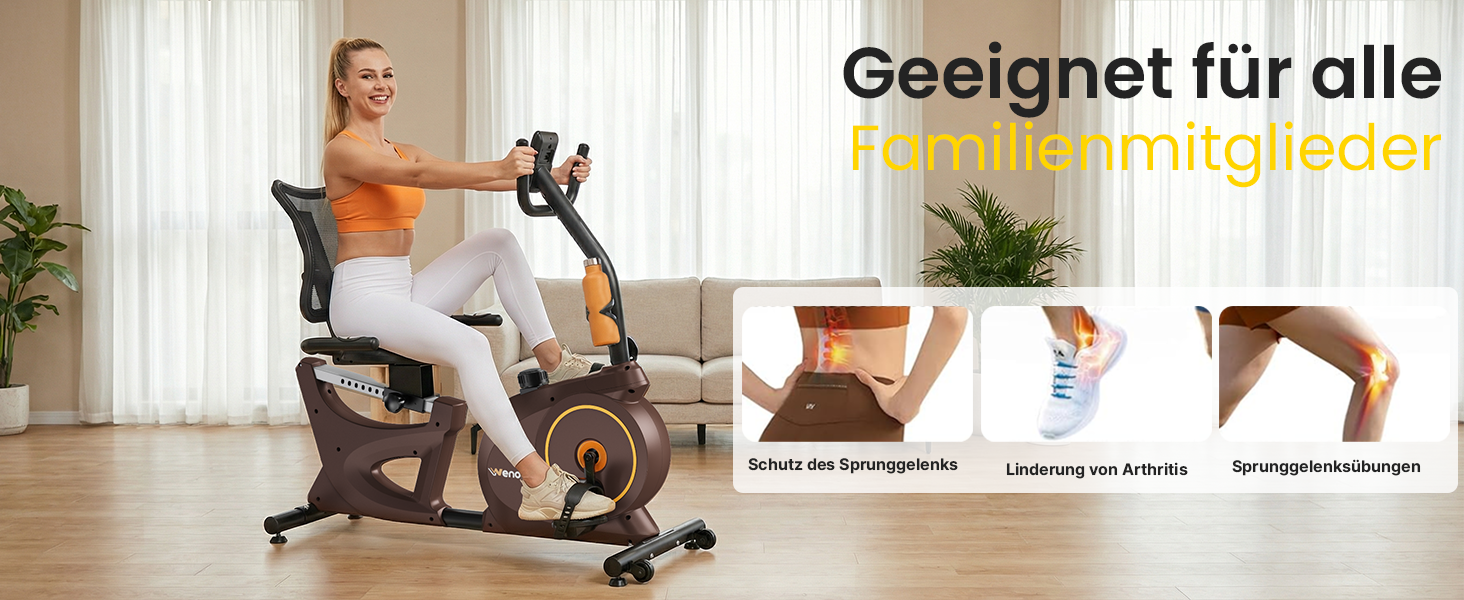 Ергометр для дому з магнітною гальмом, датчиками пульсу та LCD-дисплеєм, 15 рівнів опору, з підніжкою для спини, для людей похилого віку. Міцна конструкція, декілька налаштувань, колір горіх.