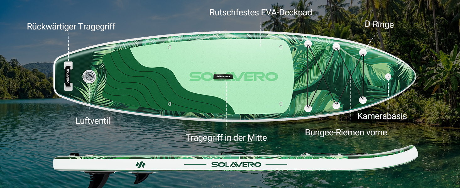 SUP дошка Solavero надувна з аксесуарами, 323x83x15 см, до 200 кг, Eva-покриття, зелений джунглі - для початківців та сімей