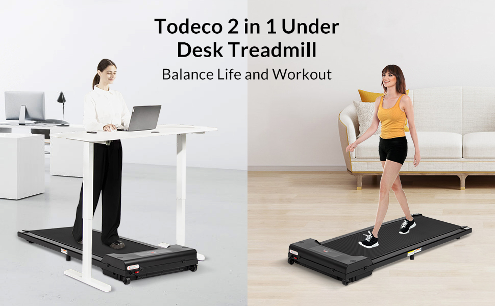 Бігова доріжка Todeco 2-в-1 для дому та офісу, Walking Pad, швидкість 1-8 км/год, з пультом ДК та LCD-дисплеєм, тиха, до 90 кг