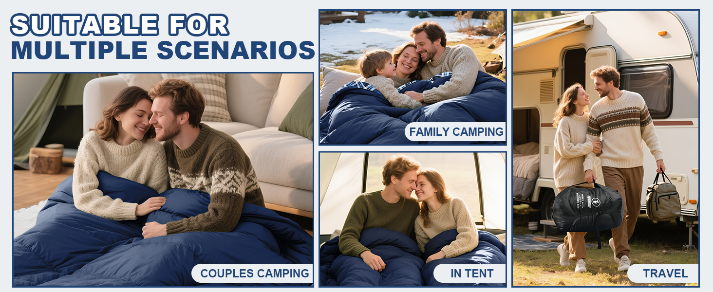Спальний мішок Baumwolle для двох дорослих, зимовий, водонепроникний, теплий, Queen Size, для кемпінгу та подорожей на автодомі (Блакитний)