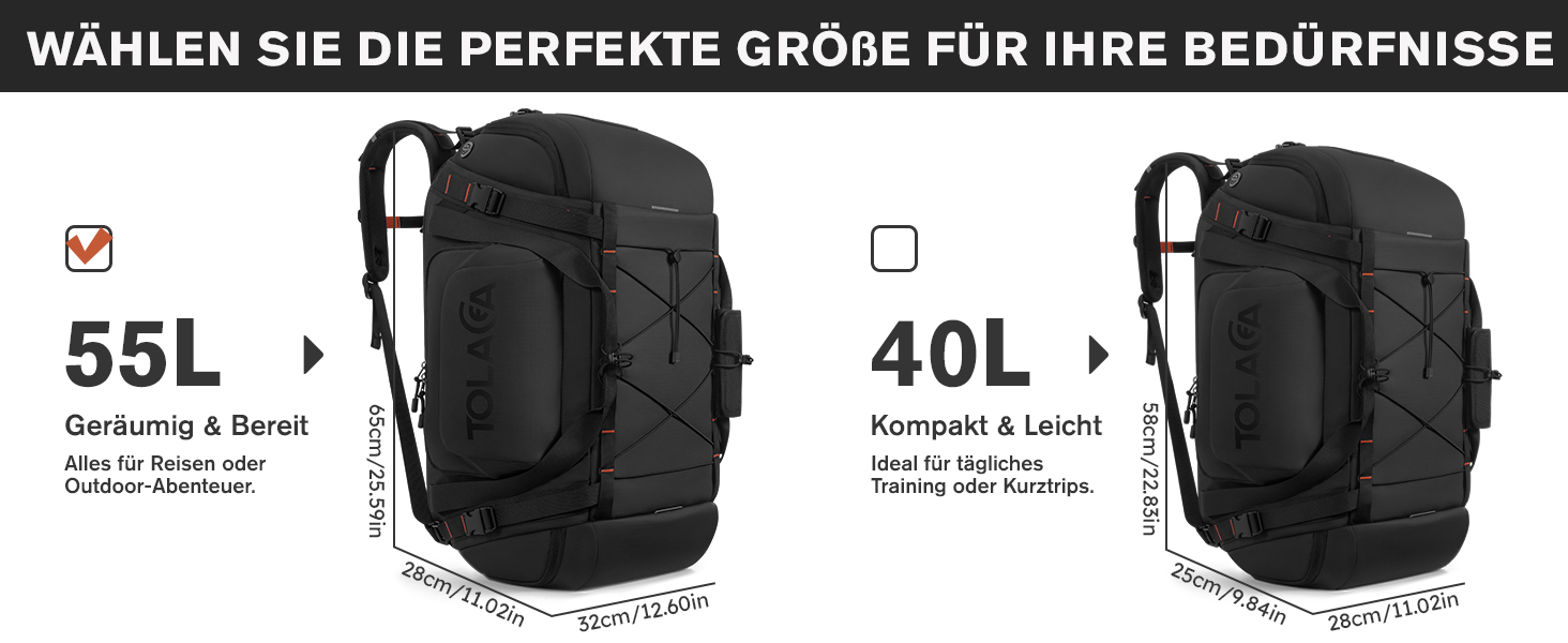 Спортивна сумка-рюкзак Tolaccea для чоловіків та жінок – велика дорожня сумка з відділенням для взуття, мокрою білизною та ноутбуком (15,6') – водонепроникна сумка-мішок для подорожей, фітнесу, спорту та відпочинку (Чорний, 55л)