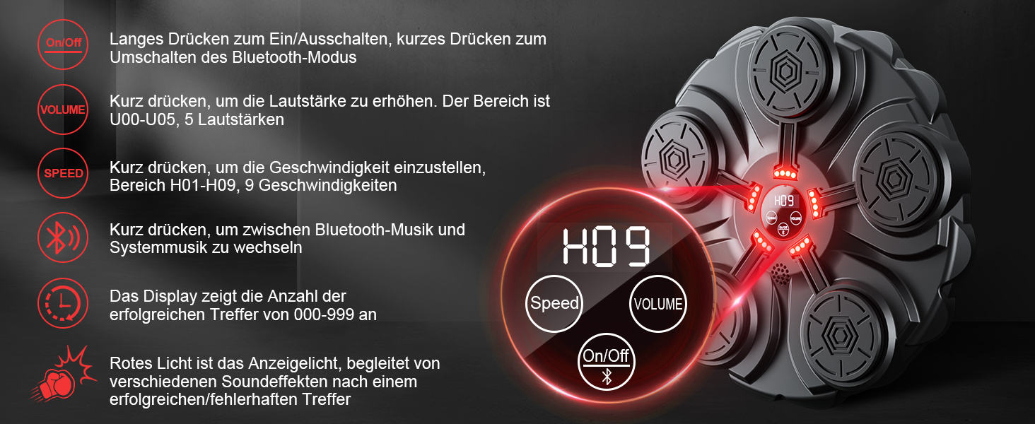 Yorraka Музичний бокс-машина для дорослих і дітей з LED-підсвіткою, Bluetooth, 9 режимів швидкості, настінна, з боксерськими рукавичками