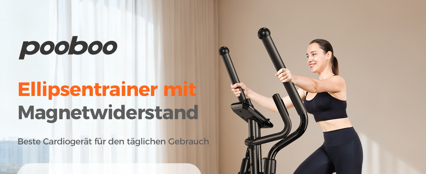 Еліптичний тренажер Pooboo 07-Basic Black з магнітною системою, LCD-монітором та кроком 15,5 дюймів. Витримує вагу до 158 кг, 16 рівнів навантаження.