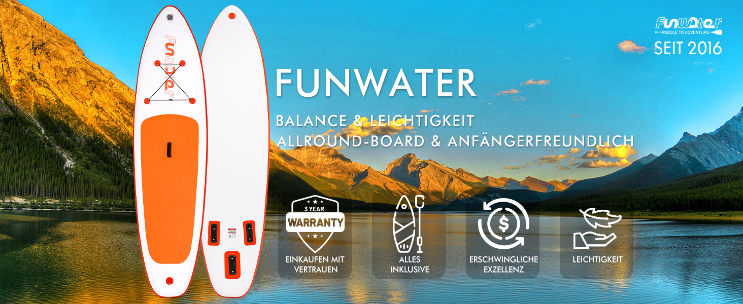 Надувний SUP-борд FunWater 320CM – комплект: весло, рюкзак, 3 ласти, насос, лінь – для початківців та досвідчених райдерів, 10'6, Orange/Weiß