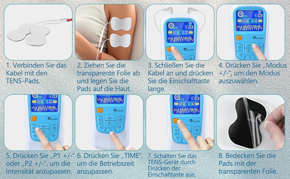 Пристрій TENS для терапії болю, EMS, 2 канали, 25 режимів, 50 рівнів інтенсивності, 10 електродів (синій)