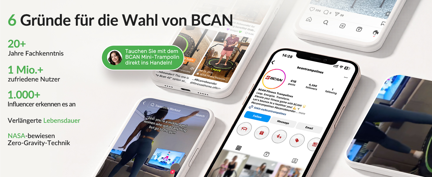 Міні-батут BCAN для дорослих, 102/122 см, до 204/250 кг, з еластичними тросами, регульованою ручкою, стабільний, тихий, для дому та вулиці, тренування всього тіла, розслаблення вдома - Зелений (102 см)