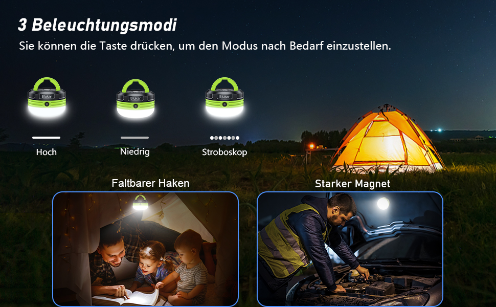 LED кемпінговий ліхтар Blukar: портативна ручна лампа з магнітом, 3 режими світла, водонепроникна для кемпінгу, походів та надзвичайних ситуацій