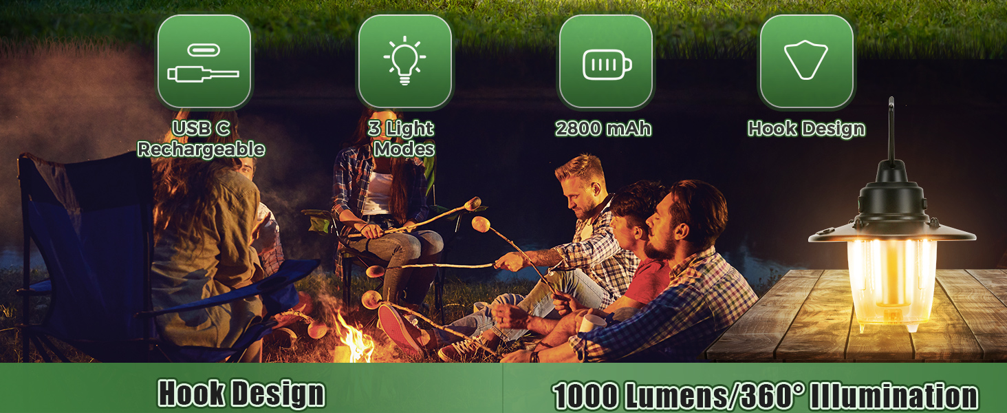 LED кемпінгова лампа: перезарядна, портативна, з гачком, ретро-дизайн, 3 режими світла, регулювання яскравості, 2800 mAh, IP65, для намету, кемпінгу, надзвичайних ситуацій