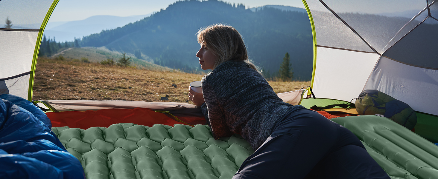 Каремат туристичний Isomatte Camping самонадувний, 12 см, водонепроникний, з насосом, для кемпінгу, пікніків, пляжу, походів (світло-зелений)
