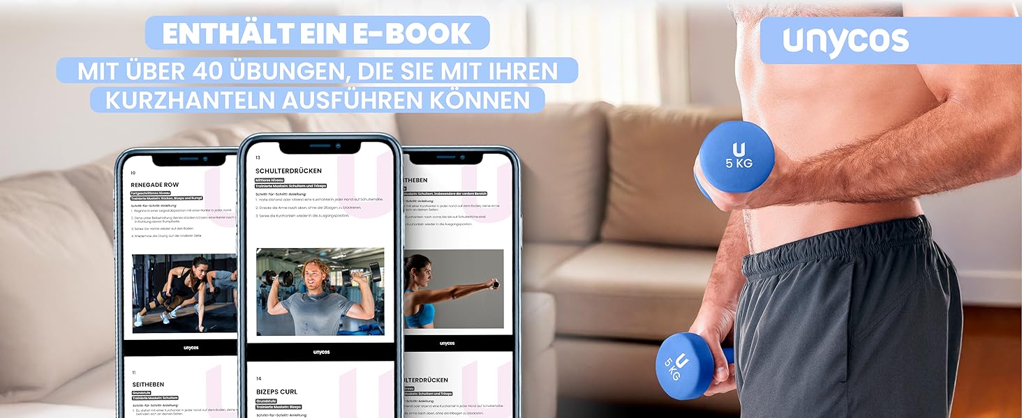 Гантелі неопренові Unycos 2 шт. 1-10 кг, короткі, антиковзаючі, для фітнесу, силових тренувань, пілатесу, дому (#07 Синій, 2 x 5 кг, круглі)