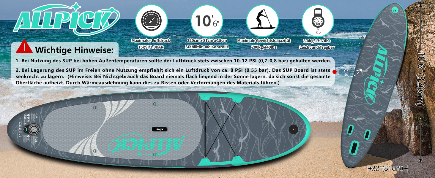 Надувний SUP-борд ALLPICK Premium Set: Комплект для станд-ап паділінгу з аксесуарами, кріпленням для камери та регульованим веслом (200 кг, Сіво-бірюзовий)