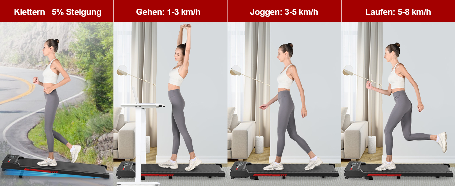 Walking Pad для дому HomeFitnessCode: електричний біговий килимок з нахилом, 1-8 км/год, чорно-червоний