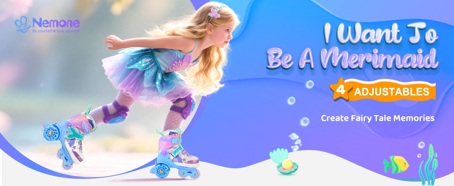 Дитячі ролики Nemone для дівчаток, блакитно-фіолетові, 4 розміри, регульовані, для катання в приміщенні та на вулиці