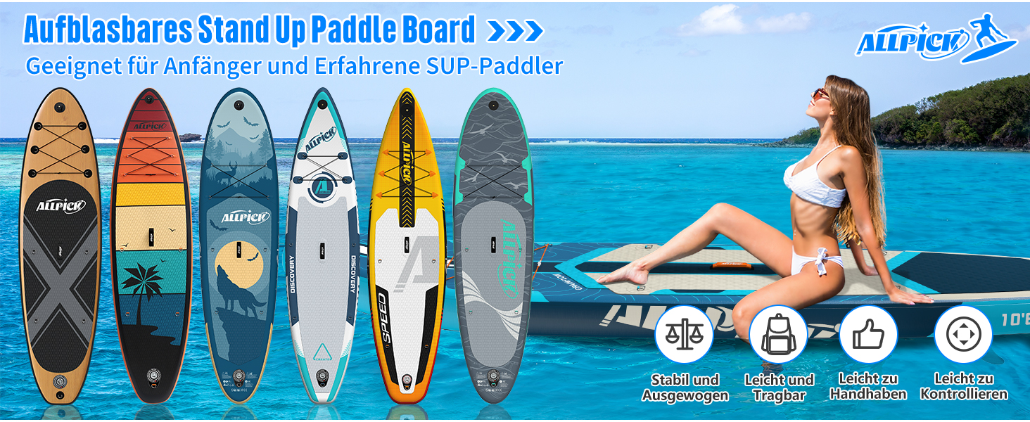 Надувний SUP-борд ALLPICK Premium з аксесуарами, тримачем для камери, регульованим веслом, для початківців та досвідчених, 200 кг, колір: Глибокий синій