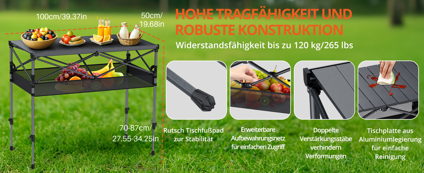 Складаний туристичний стіл FUNYKICH 82x40 см з регулюванням висоти (44/70 см), з сітчастою кишенькою, для пікніка, кемпінгу, BBQ, саду, партії. Розміри: 100x50x(70/87) см