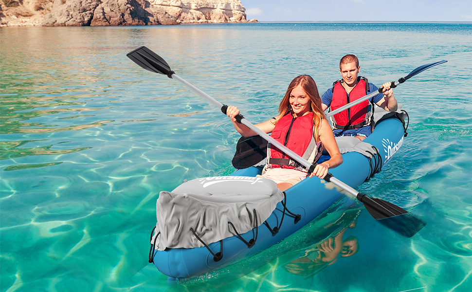 Надувне каяк Outsunny для 2 осіб: комплект з насосом, веслами, блакитний, 318 x 80 x 50 см