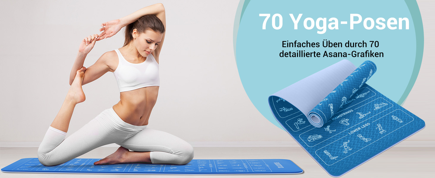 Килимок для йоги Sportmatte – 70 з друкованими позами, неслизький матеріал TPE, для гімнастики, пілатесу, дому та подорожей, фітнес-килимок для жінок та чоловіків, 181x63x0,6 см (Глибокий синій та світло-синій)