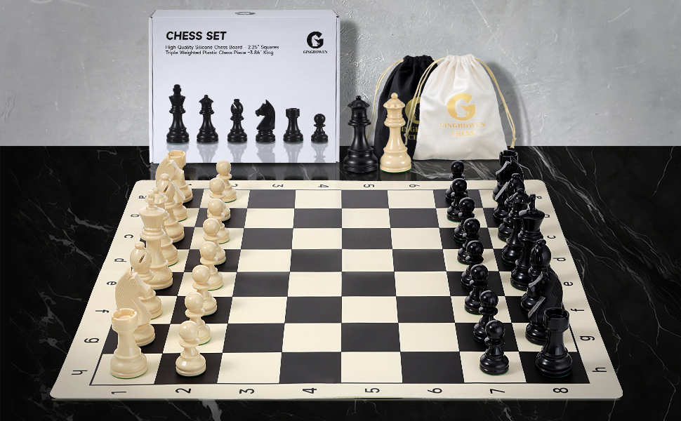Набір шахів зі складною дошки з силікону, 50,8 см, фігури з вагою, висота короля 9,8 см, 2 додаткові королеви, складана дошка, портативний набір для подорожей та турнірів, з сумкою