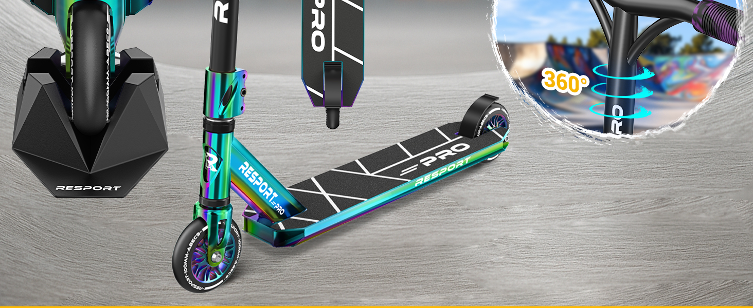 Трюковий самокат RE:SPORT® REVO PRO для дітей та дорослих з підніжкою | Професійний самокат з колесами 110мм PU та Y-рулем | Самокат трюковий ABEC 9 Rainbow Blaze
