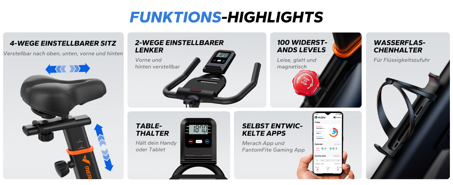 Велотренажер MERACH з магнітним опором, тихий, з амортизованим сидінням, LED-монітором та власним додатком для кардіотренувань вдома, помаранчевий