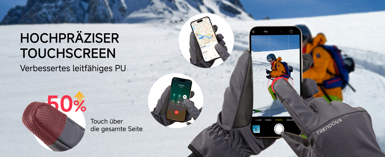 Терморукавички Trendoux для чоловіків та жінок: теплі, водонепроникні, вітронепроникні рукавички для велосипеда, катання на лижах, бігу з підтримкою сенсорного екрану та м'яким флісовим підкладкою, чорні