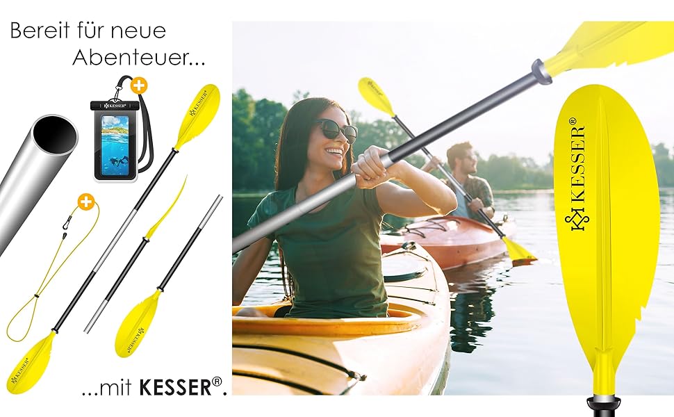 Весло KESSER® Paddle Doppelpaddel для каяка, SUP, Stand-Up Paddling Board, 228 см, алюміній, з мотузкою безпеки, чохлом для телефону, для надувних човнів (жовтий)