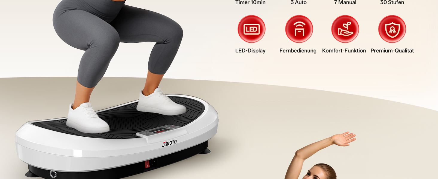 Вібраційна платформа JOROTO 4D для дому: 3 потужні мотори, професійне тренування всього тіла, 10 режимів (3 авто/7 ручні), таймер, до 158 кг, тиха та неслизька