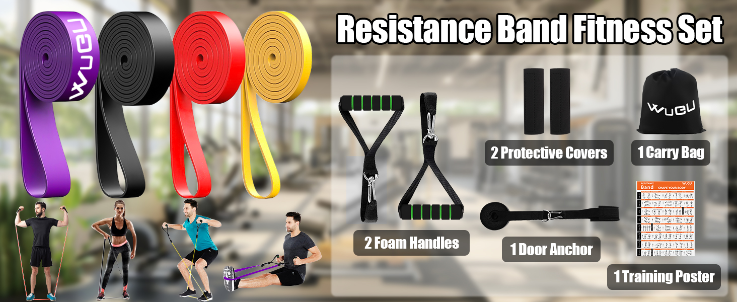Фітнес гумки WuGU, набір з 4 рівнями опору, еластичні гумки для фітнесу, силових тренувань, йоги та пілатесу (фіолетовий, чорний, червоний, жовтий)