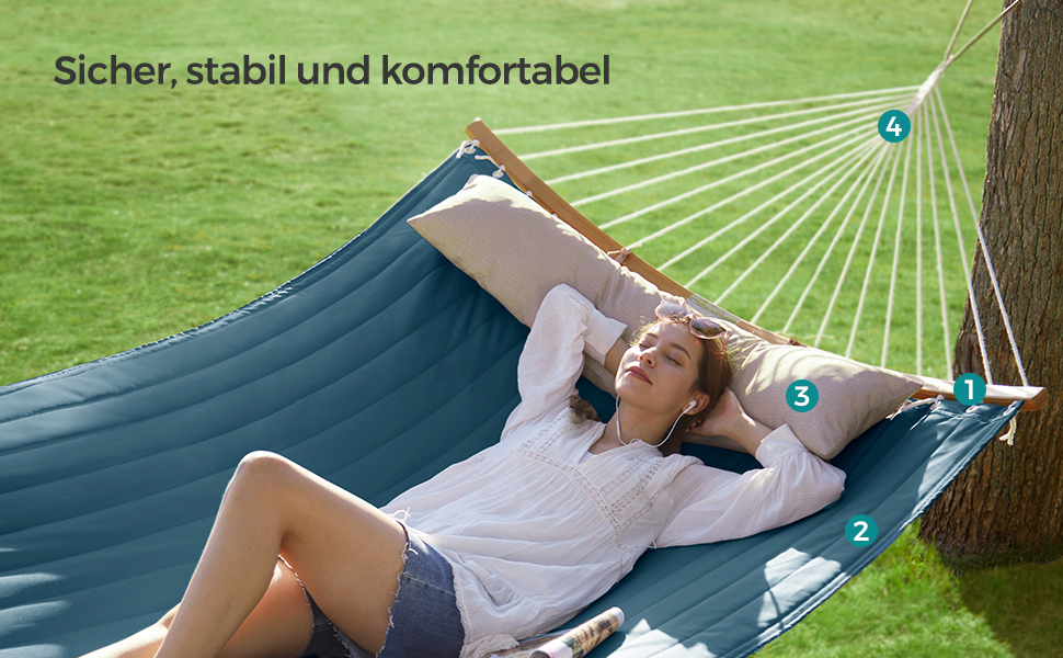 Гамак SONGMICS для 2 осіб з подушкою, сірий-бежевий, 200 x 140 см, до 225 кг, з роздільними бамбуковими стійками