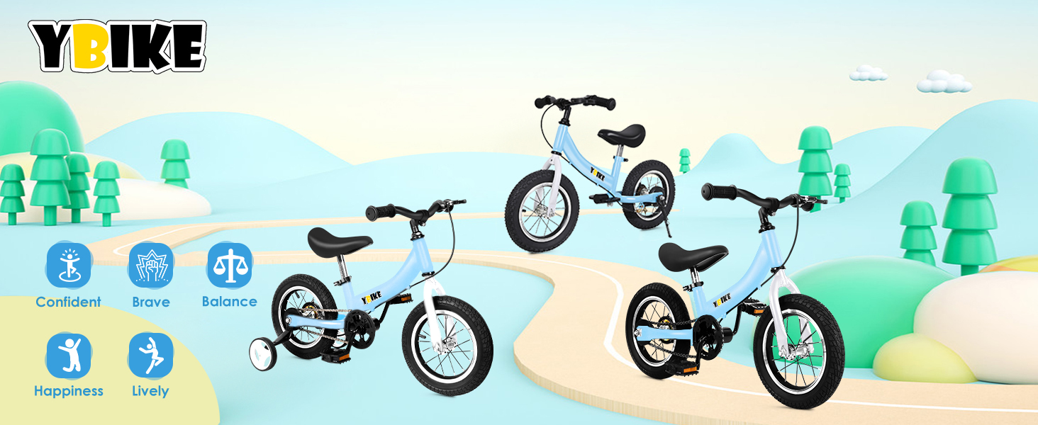 Дитячий велосипед YBIKE 2-в-1: біговел та велосипед, 12/14/16 дюймів, з гальмами та педалями, для дітей 1-7 років, блакитний