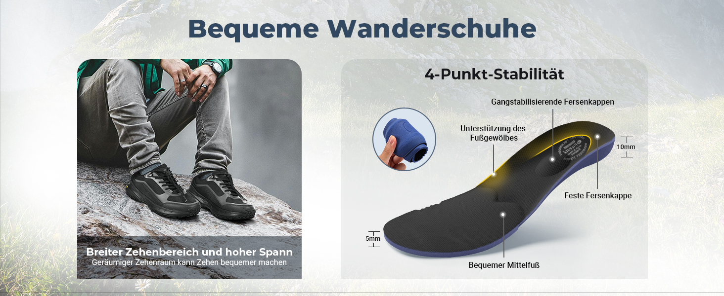 Черевики для піших прогулянок FitVille для чоловіків, широкі, трекінгові, туристичні, чорні. Зі зносостійкою підошвою, дихаючі, легкі, кросівки 45 EU, X-широкі