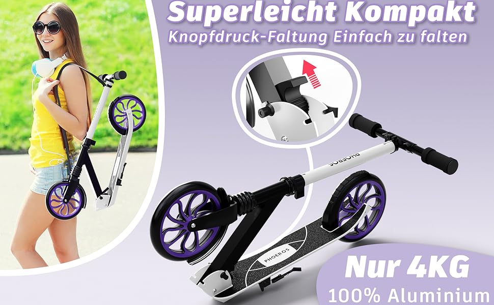 Дитячий трюковий самокат PHOEROS для дітей та дорослих, складний, з регулюванням висоти, амортизація, 200 мм колеса (білий)