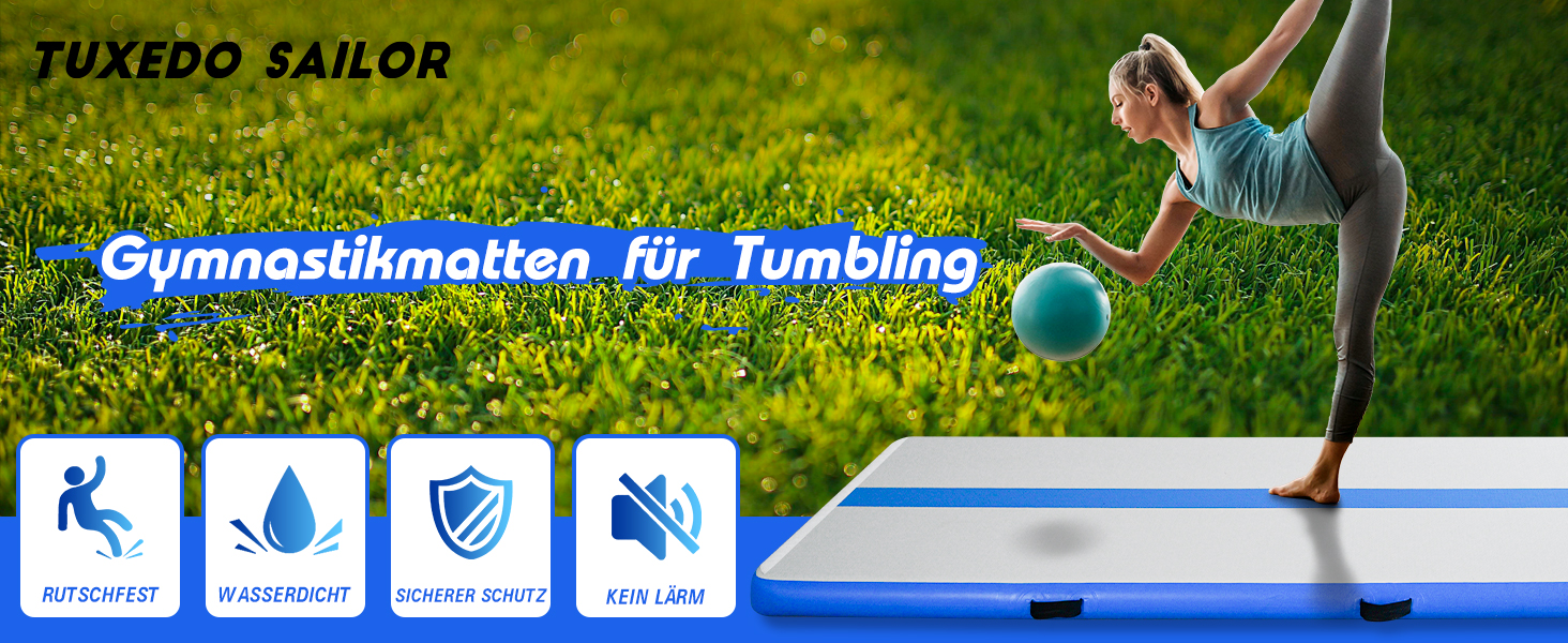 Надувний гімнастичний мат Tuxedo Sailor Airtrack: 2M/3M/4M, 10см, надувна, з електронасосом, для дому/залу/черепісток/йоги, блакитна 300 x 100 x 10 см