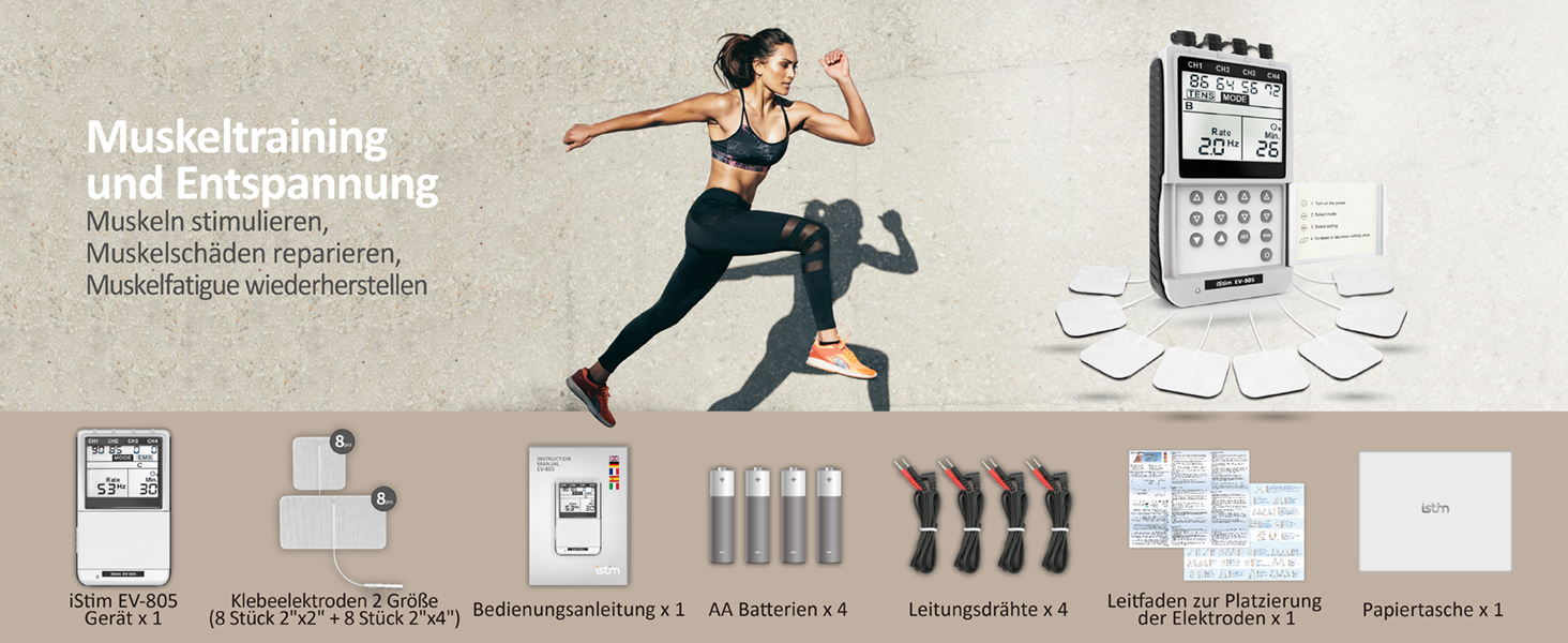 iStim EV-805 TENS EMS: 4-канальний апарат для електростимуляції та масажу - зняття болю в спині, шиї, плечах, ногах. Комплект з 16 електродів та батарейками AA