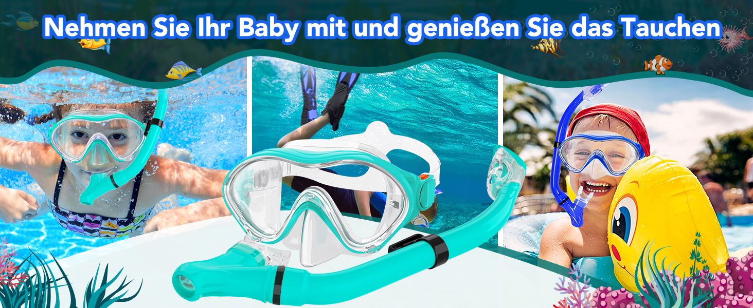 Набір для снорклінгу для дітей з ластами, маска з панорамним оглядом 180°, регульовані ласти, високоякісна маска та сухий снорк (трубка) для плавання, Aquagrün