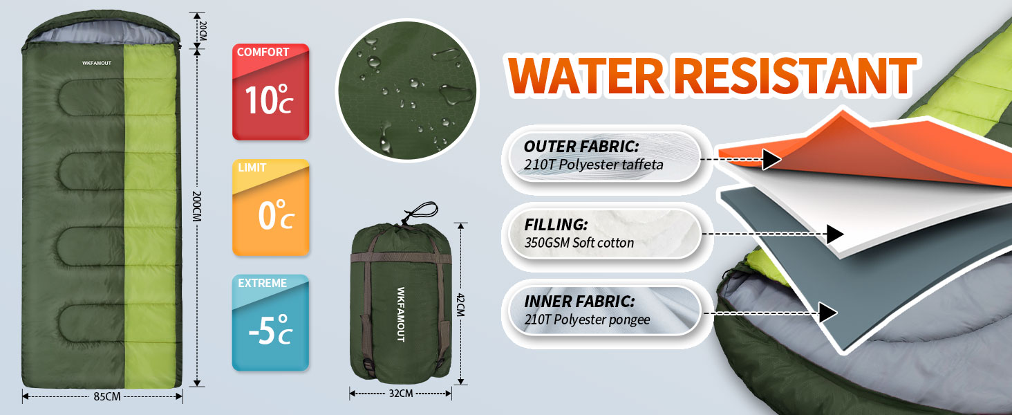 Сплячий мішок Outdoor для дорослих, машинного прання, зимовий, водонепроникний, 3-4 сезони, з компресійним мішком, для кемпінгу, піших прогулянок, подорожей, 0°C-Комфорт, Чорний (10°C-Комфорт Оливковий, 220x85CM-L)