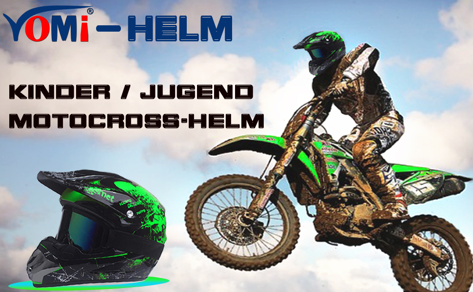 Мотокросовий шолом VOMI Enduro чорний-зелений з окулярами, маскою, рукавицями та гачком, повнолицевий захисний шолом для дітей і дорослих для мотоциклів, гірських велосипедів, багі