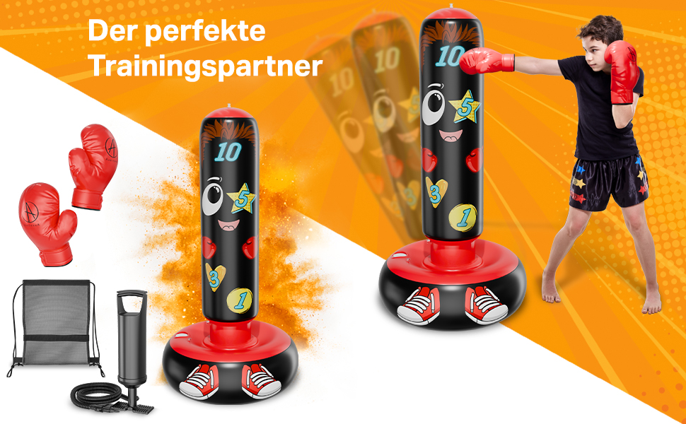 AVENTERA® Боксерський мішок для дітей 3-12 років (160см, навчальний ефект) - 4-в-1 комплект - для тренувань, розвитку рухливості та моторики - перевірена якість