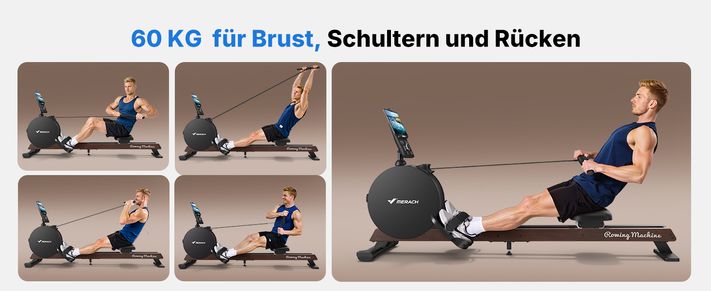 Гребний тренажер MERACH для дому з магнітним опором 60 кг, автоматичною регулюванням, LED-дисплеєм та подвійними дерев'яними рейками (R21)