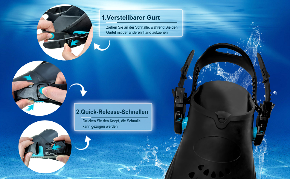 Ласти для плавання Schnorchelflossen S/M (37-41) Cyan: професійні ласти для снорклінгу та дайвінгу з регульованим ремінцем, PP+TPR