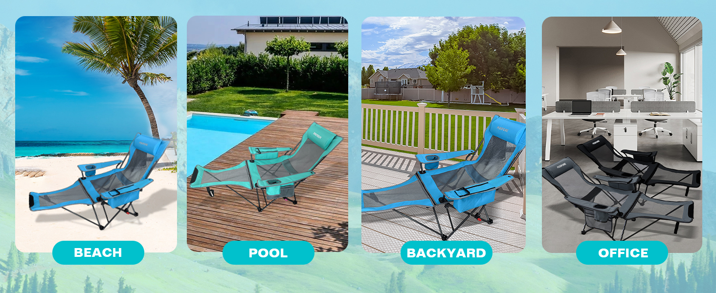 Крісло для кемпінгу Poeopore складне з підставкою для ніг, 4-х секційне, для відпочинку на пляжі та риболовлі, витримує до 120 кг, з кишенькою-холодильником, подушкою та тримачем для напоїв, блакитне