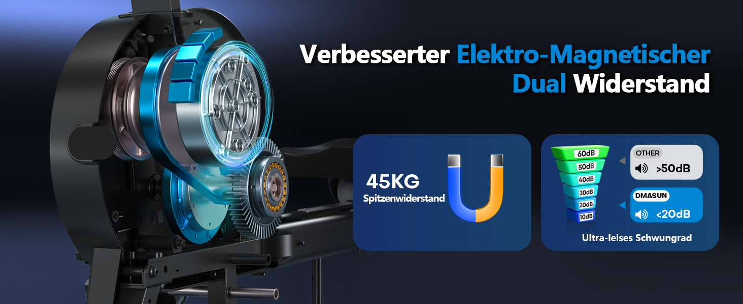 Гребний тренажер DMASUN для дому, [Нова модель 2026] з магнітною системою, покращені рейки подвійного ходу, тиха робота, 16/32 рівні опору, LCD-дисплей, до 160 кг, чорний